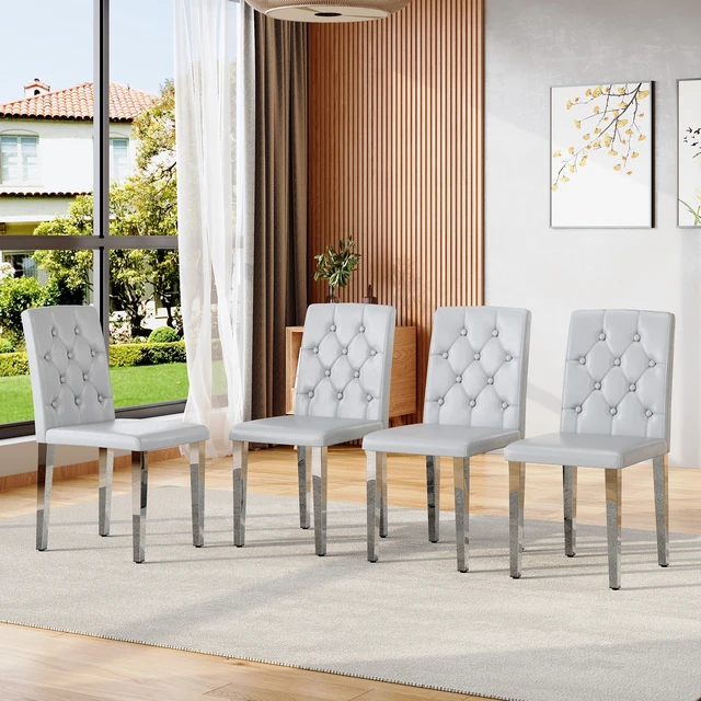Alt view image 2 of 7 - 4 Piece Set Dining Chairs Ergonomically Designed Buckle Backrest, 35 Inches High Silver Metal Legs Combining Comfort