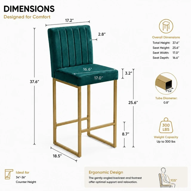 Alt view image 5 of 7 - 25.6 Inch Counter Height Bar Stools Set with Velvet Cushion and Back Bar Chairs for Kitchen Island Counter with Metal