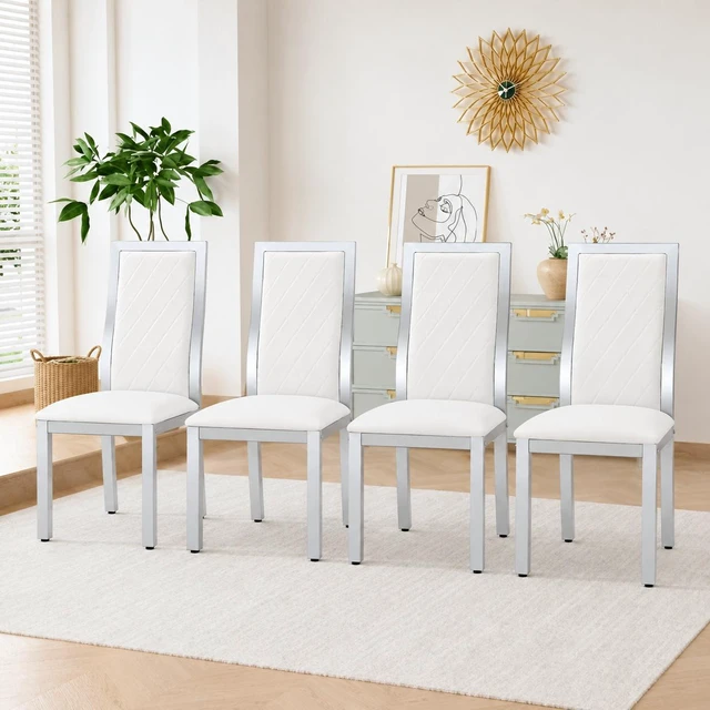 Main image of Dining Chairs Set, Faux Leather Dining Chairs with Chrome Metal Frame High Back Upholstered Side with Diamond Grid