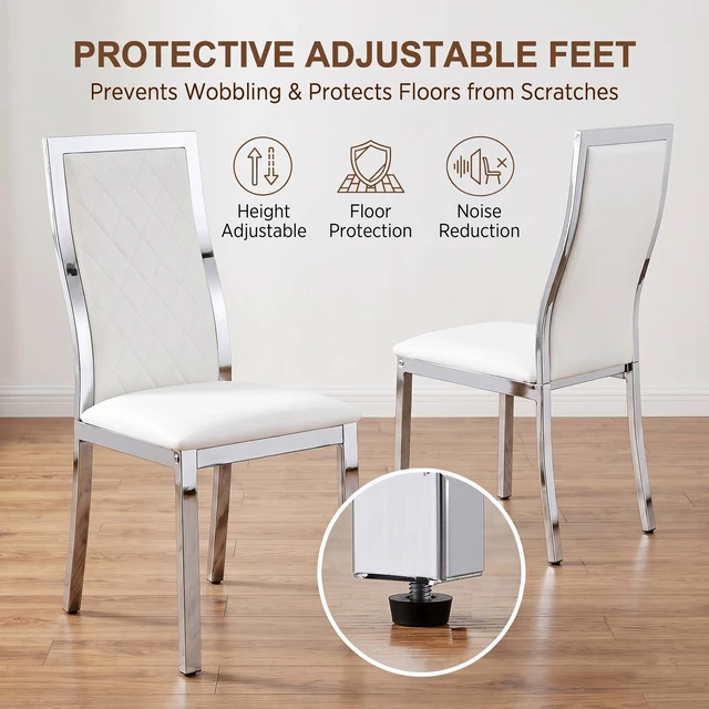 Alt view image 6 of 7 - Dining Chairs Set, Faux Leather Dining Chairs with Chrome Metal Frame High Back Upholstered Side with Diamond Grid