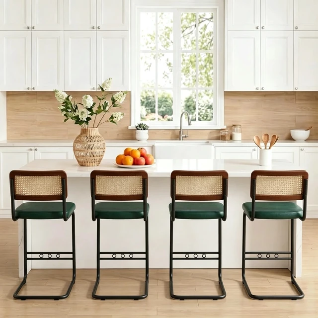Alt view image 3 of 7 - Rattan Bar Stool 4 Piece Set with Solid Backrest 25 Inches Medieval Counter Stool Pull Leather Kitchen Black Metal