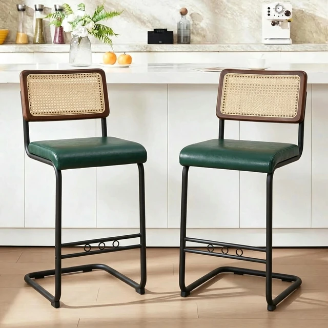 Alt view image 4 of 7 - Rattan Bar Stool 4 Piece Set with Solid Backrest 25 Inches Medieval Counter Stool Pull Leather Kitchen Black Metal