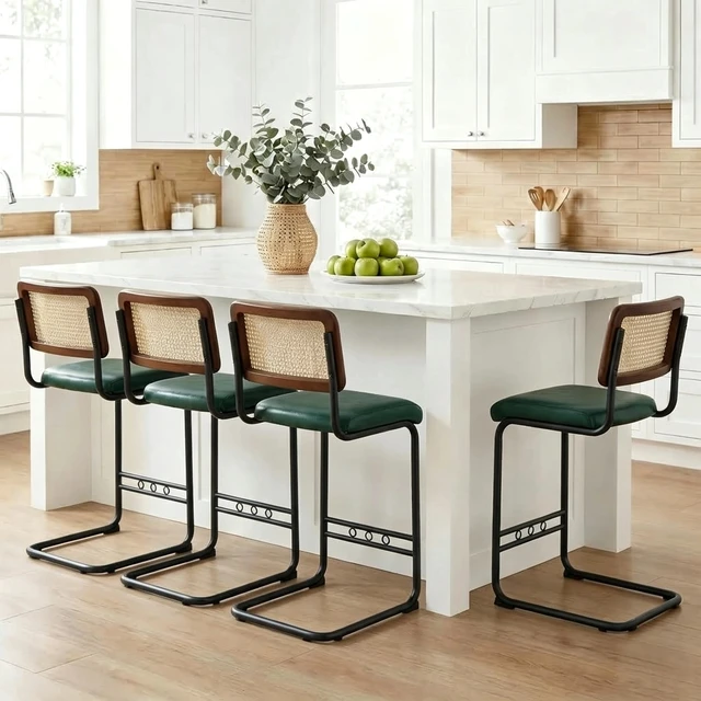 Alt view image 2 of 7 - Rattan Bar Stool 4 Piece Set with Solid Backrest 25 Inches Medieval Counter Stool Pull Leather Kitchen Black Metal