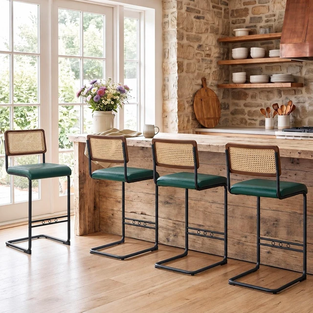 Main image of Rattan Bar Stool 4 Piece Set with Solid Backrest 25 Inches Medieval Counter Stool Pull Leather Kitchen Black Metal
