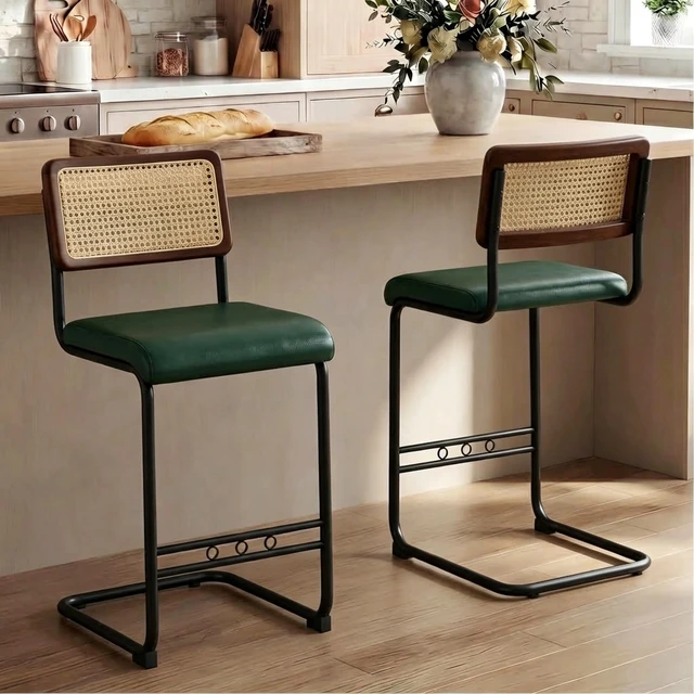 Alt view image 5 of 7 - Rattan Bar Stool 4 Piece Set with Solid Backrest 25 Inches Medieval Counter Stool Pull Leather Kitchen Black Metal