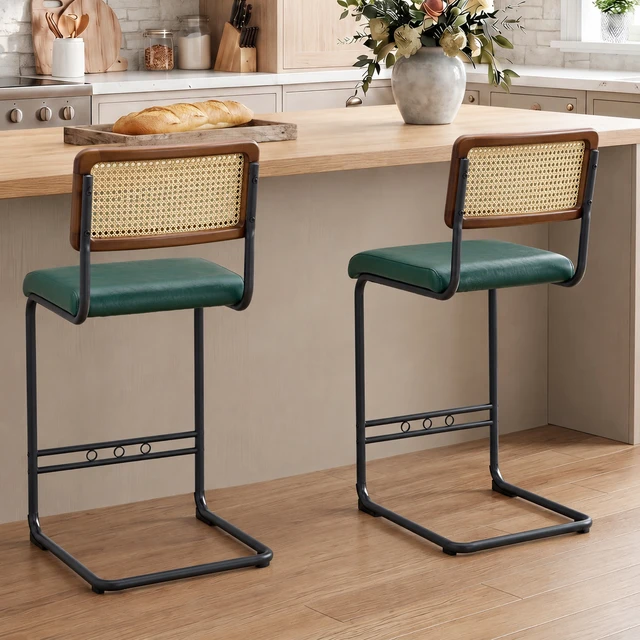 Alt view image 6 of 7 - Rattan Bar Stool 4 Piece Set with Solid Backrest 25 Inches Medieval Counter Stool Pull Leather Kitchen Black Metal