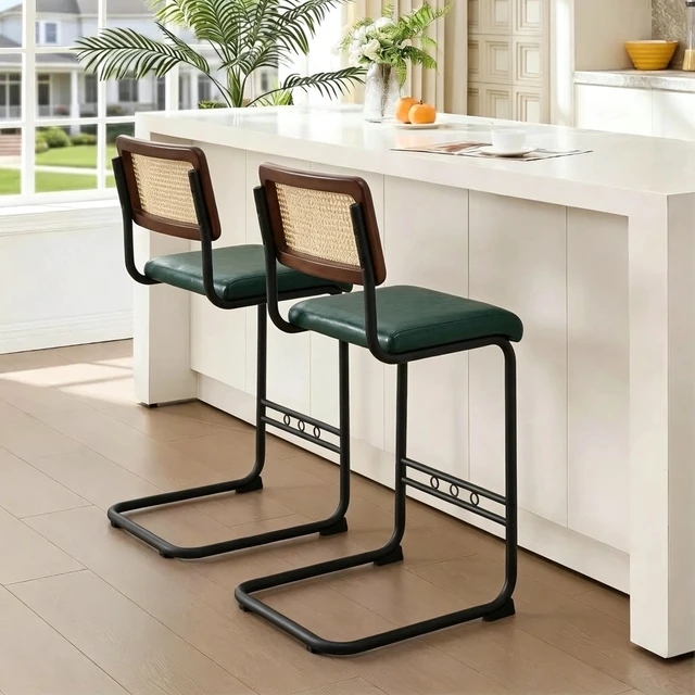Alt view image 7 of 7 - Rattan Bar Stool 4 Piece Set with Solid Backrest 25 Inches Medieval Counter Stool Pull Leather Kitchen Black Metal