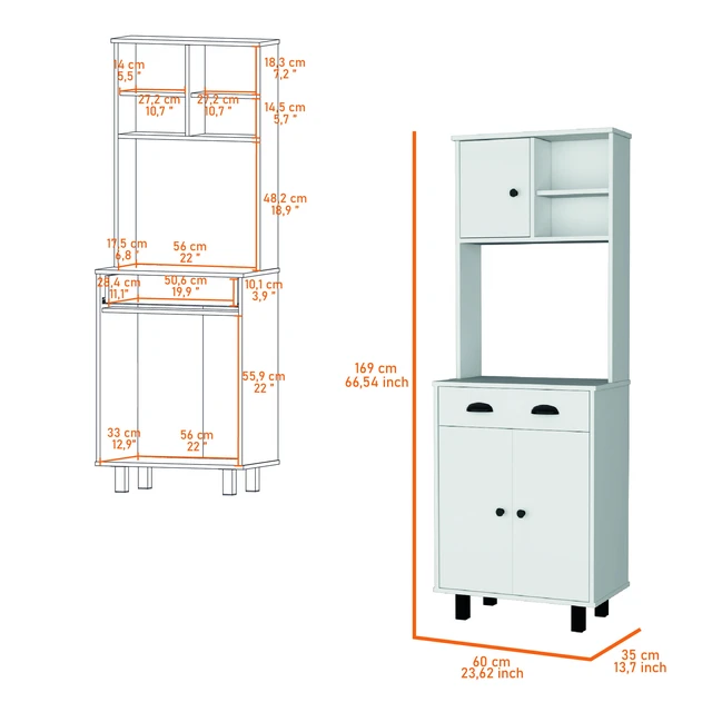 Alt view image 6 of 7 - Tacna Kitchen Pantry with Ample Storage, Open Shelves 1 Drawer Cabinet 2 Shelves, White, Particle Board, Servers
