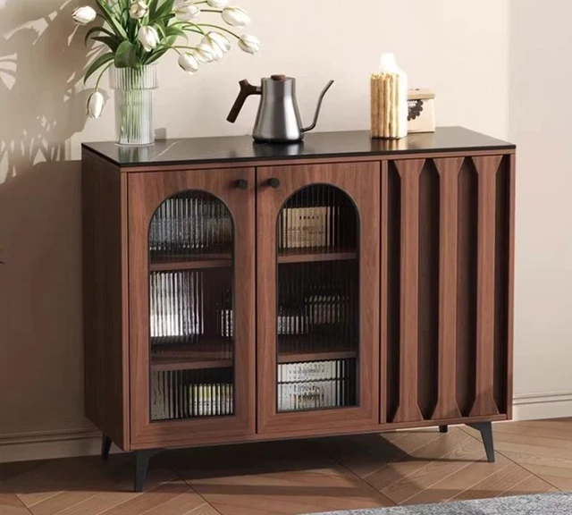 Main image of 35.4 Inch Sideboard with Arched Fluted Glass Doors Buffet Cabinet with Carved Panels and Metal Legs, Walnut, Solid