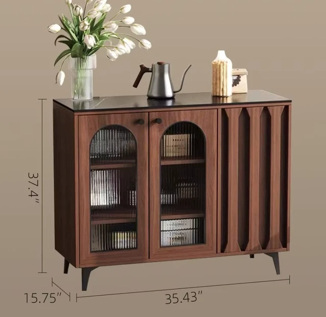 Alt view image 2 of 5 - 35.4 Inch Sideboard with Arched Fluted Glass Doors Buffet Cabinet with Carved Panels and Metal Legs, Walnut, Solid