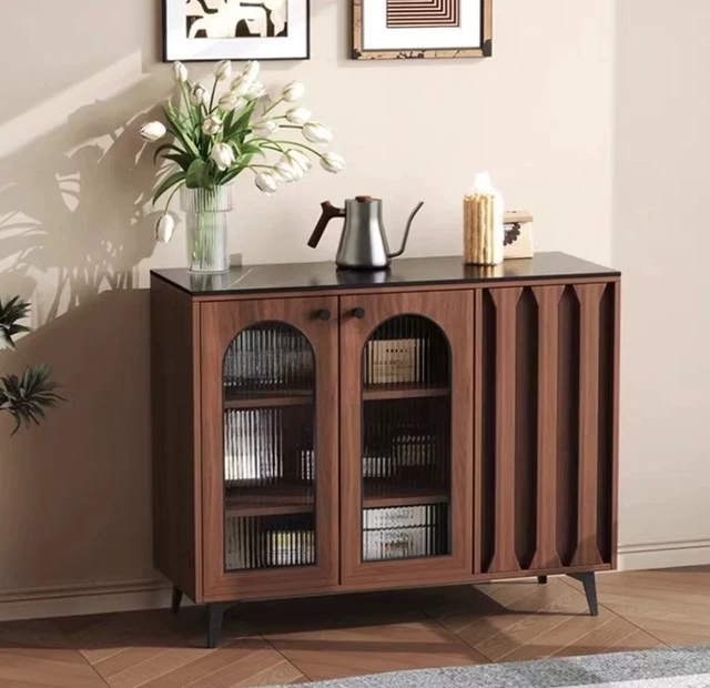 Alt view image 4 of 5 - 35.4 Inch Sideboard with Arched Fluted Glass Doors Buffet Cabinet with Carved Panels and Metal Legs, Walnut, Solid