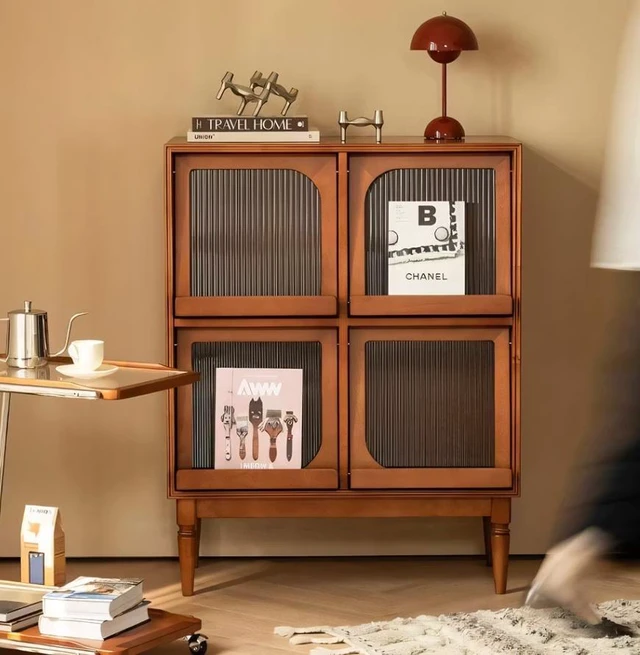 Main image of 31.5 Inch Storage Cabinet Solid Display Cabinet with Fluted Glass Doors and Shelves, Walnut, Wood, Servers Sideboards