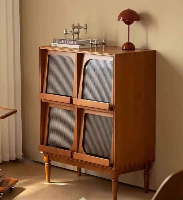 Alt view image 3 of 7 - 31.5 Inch Storage Cabinet Solid Display Cabinet with Fluted Glass Doors and Shelves, Walnut, Wood, Servers Sideboards