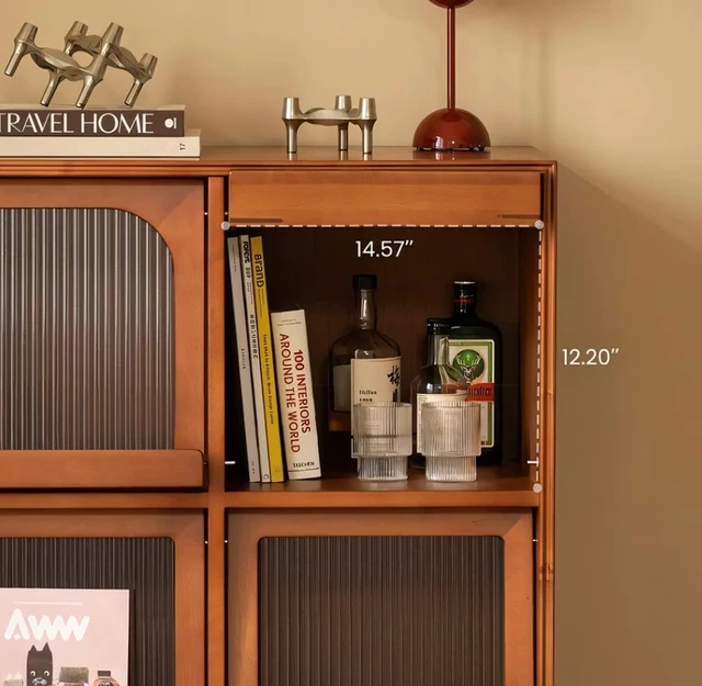 Alt view image 6 of 7 - 31.5 Inch Storage Cabinet Solid Display Cabinet with Fluted Glass Doors and Shelves, Walnut, Wood, Servers Sideboards