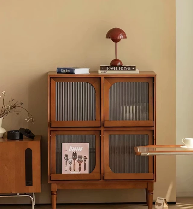 Alt view image 4 of 7 - 31.5 Inch Storage Cabinet Solid Display Cabinet with Fluted Glass Doors and Shelves, Walnut, Wood, Servers Sideboards