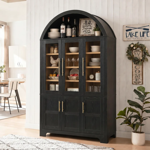 Main image of 73 Inch Tall Arched Kitchen Pantry, Arched Cabinet with Three Glass Doors Kitchen Storage Cabinet with Door Shelves