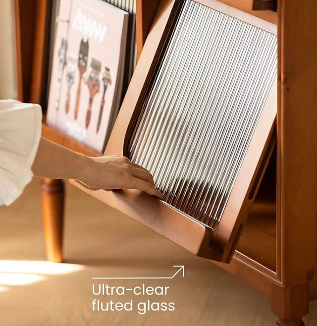 Alt view image 7 of 7 - 31.5 Inch Storage Cabinet Solid Display Cabinet with Fluted Glass Doors and Shelves, Walnut, Wood, Servers Sideboards