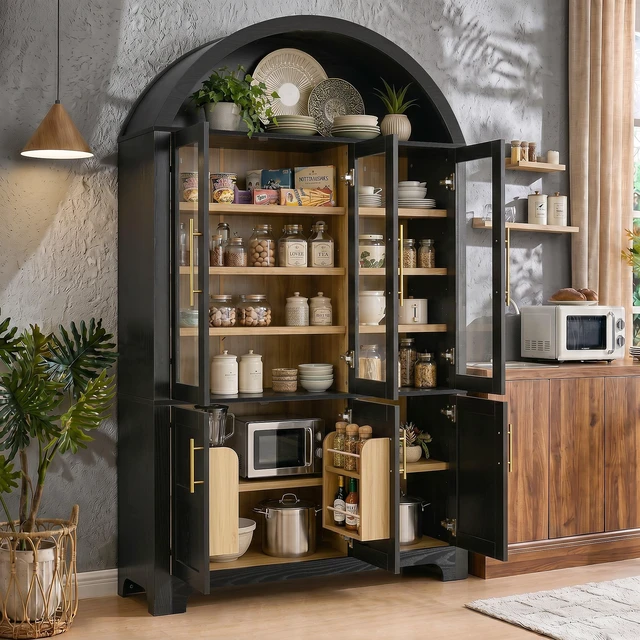 Alt view image 2 of 7 - 73 Inch Tall Arched Kitchen Pantry, Arched Cabinet with Three Glass Doors Kitchen Storage Cabinet with Door Shelves