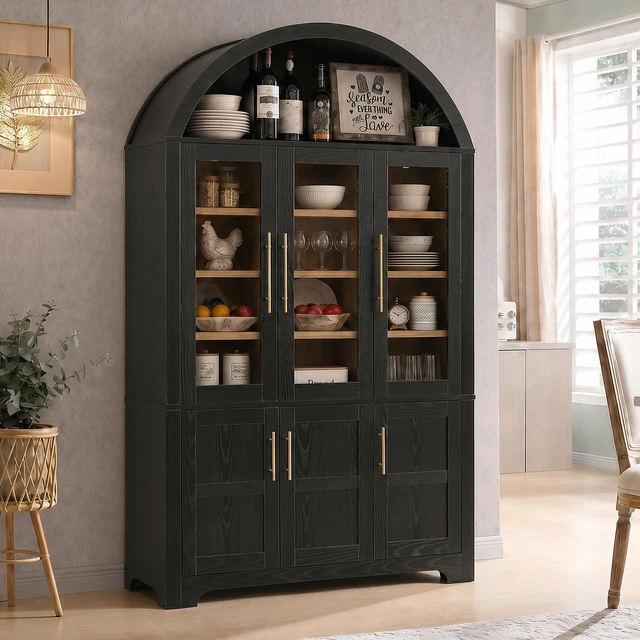 Alt view image 3 of 7 - 73 Inch Tall Arched Kitchen Pantry, Arched Cabinet with Three Glass Doors Kitchen Storage Cabinet with Door Shelves