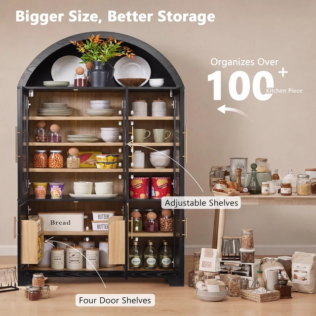 Alt view image 6 of 7 - 73 Inch Tall Arched Kitchen Pantry, Arched Cabinet with Three Glass Doors Kitchen Storage Cabinet with Door Shelves