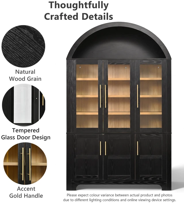 Alt view image 5 of 7 - 73 Inch Tall Arched Kitchen Pantry, Arched Cabinet with Three Glass Doors Kitchen Storage Cabinet with Door Shelves