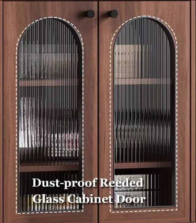 Alt view image 3 of 5 - 35.4 Inch Sideboard with Arched Fluted Glass Doors Buffet Cabinet with Carved Panels and Metal Legs, Walnut, Solid