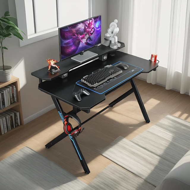 Alt view image 7 of 7 - 48 Inch Gaming Computer Desk with Removable Monitor Stand, Shaped Large Gamer Workstation pc Table with Cup Holder
