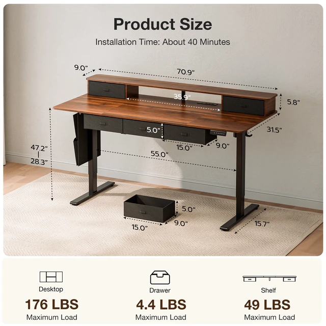 Alt view image 2 of 7 - 71 32 Inch Sit Stand Desk 5 Drawers, Power Hub LED Lights Monitor Shelf and Cable Mgt 28.3 to 47.2 Inch Adj