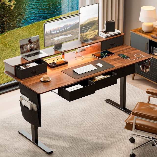 Alt view image 5 of 7 - 71 32 Inch Sit Stand Desk 5 Drawers, Power Hub LED Lights Monitor Shelf and Cable Mgt 28.3 to 47.2 Inch Adj