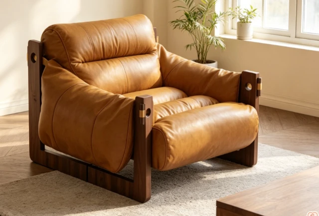 Alt view image 3 of 6 - Oil Waxed Leather Lounge Chair Solid Wood Frame Deep Seat Accent Armchair, Caramel, Oil Waxed Leather and Rubber Wood