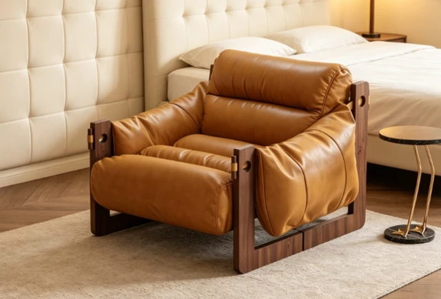 Alt view image 5 of 6 - Oil Waxed Leather Lounge Chair Solid Wood Frame Deep Seat Accent Armchair, Caramel, Oil Waxed Leather and Rubber Wood