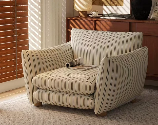Alt view image 2 of 6 - Striped Upholstered Lounge Chair Accent Armchair with Curved Arms and Deep Seat, Beige Stripe, Foam and Solid Wood