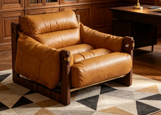 Alt view image 4 of 6 - Oil Waxed Leather Lounge Chair Solid Wood Frame Deep Seat Accent Armchair, Caramel, Oil Waxed Leather and Rubber Wood