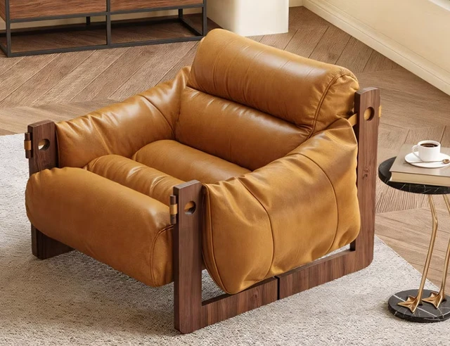 Alt view image 2 of 6 - Oil Waxed Leather Lounge Chair Solid Wood Frame Deep Seat Accent Armchair, Caramel, Oil Waxed Leather and Rubber Wood