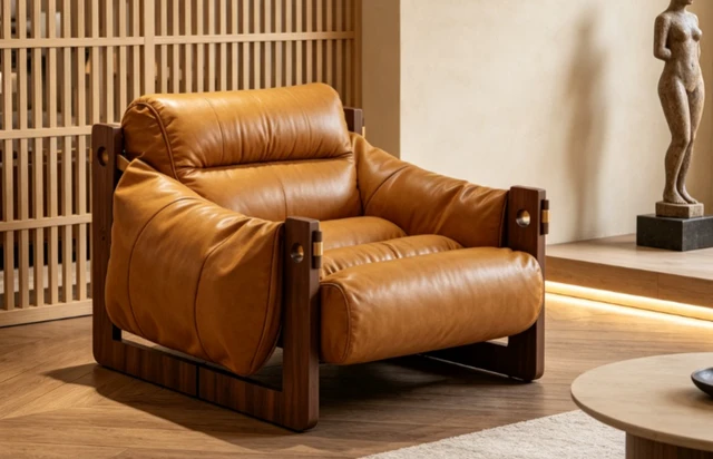 Alt view image 6 of 6 - Oil Waxed Leather Lounge Chair Solid Wood Frame Deep Seat Accent Armchair, Caramel, Oil Waxed Leather and Rubber Wood