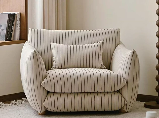 Main image of Striped Upholstered Lounge Chair Accent Armchair with Curved Arms and Deep Seat, Beige Stripe, Foam and Solid Wood