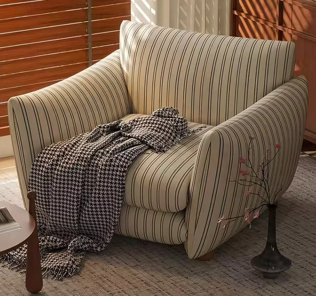 Alt view image 4 of 6 - Striped Upholstered Lounge Chair Accent Armchair with Curved Arms and Deep Seat, Beige Stripe, Foam and Solid Wood