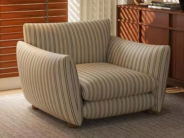 Alt view image 5 of 6 - Striped Upholstered Lounge Chair Accent Armchair with Curved Arms and Deep Seat, Beige Stripe, Foam and Solid Wood