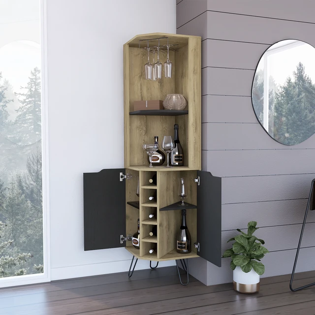 Alt view image 2 of 7 - Grace Corner Bar Cabinet, Six Built in Wine Rack Four Shelves Door Two Shelves, Multi, Particle Board