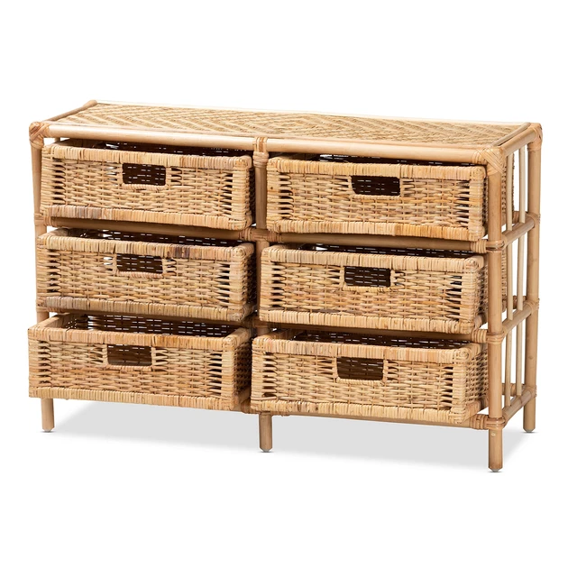 Alt view image 2 of 7 - Bohemian Rattan 6 Drawer Storage Cabinet, Brown, Plywood