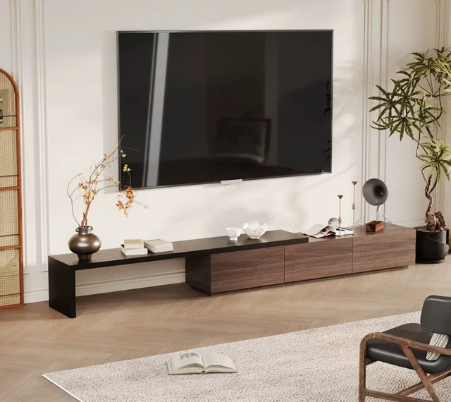 Alt view image 3 of 7 - Extendable TV Stand with Storage Drawers TV Console, Walnut Black, Wood, Cabinets