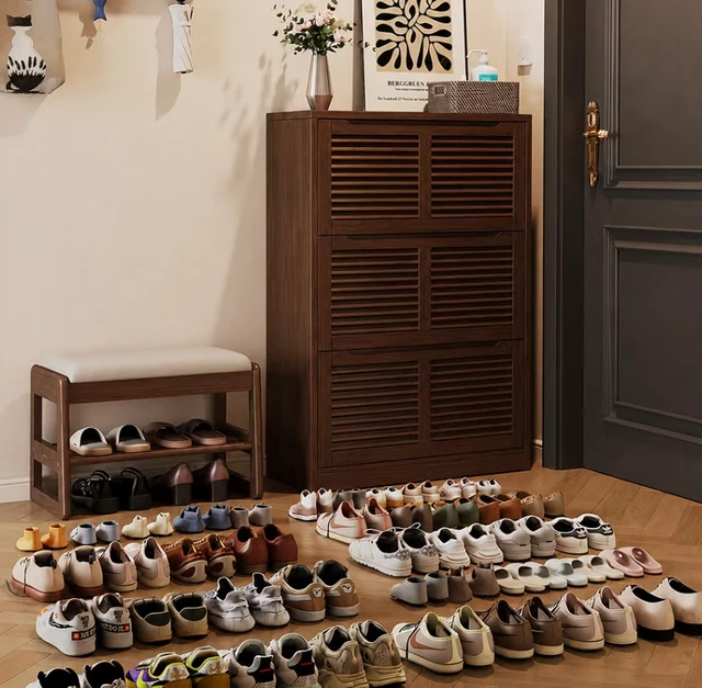 Alt view image 3 of 7 - 31.4 Inch Wooden Flip Door Shoe Cabinet Slim Space Saving Entryway Storage Organizer, Brown, Rubber Wood
