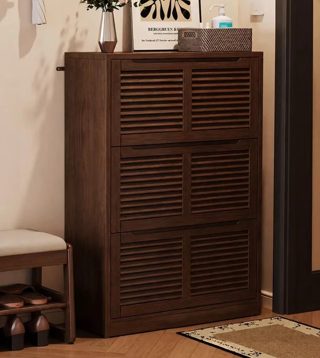 Main image of 31.4 Inch Wooden Flip Door Shoe Cabinet Slim Space Saving Entryway Storage Organizer, Brown, Rubber Wood