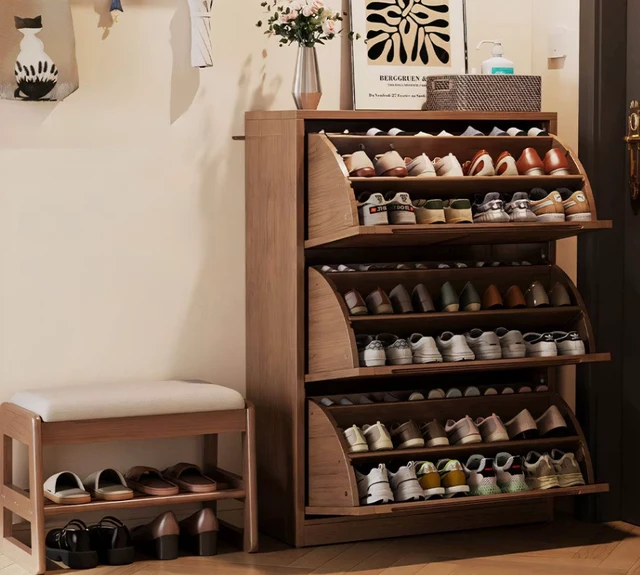 Alt view image 5 of 7 - 31.4 Inch Wooden Flip Door Shoe Cabinet Slim Space Saving Entryway Storage Organizer, Brown, Rubber Wood