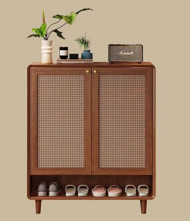 Main image of Mid-Century Rattan Shoe Cabinet with 2 Doors Entryway Storage Organizer with Open Shelf, Walnut Brown, Wood