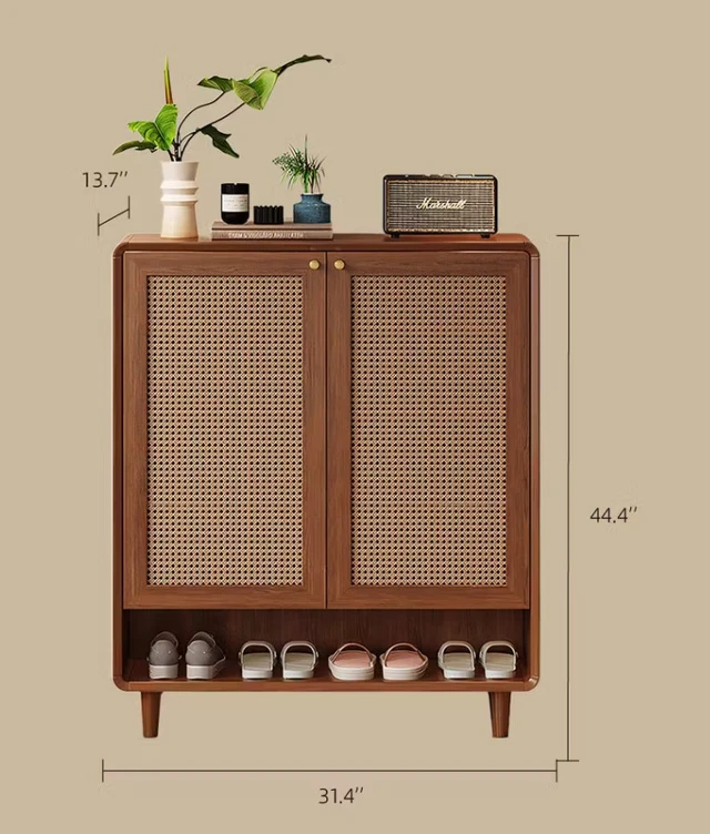 Alt view image 2 of 5 - Mid-Century Rattan Shoe Cabinet with 2 Doors Entryway Storage Organizer with Open Shelf, Walnut Brown, Wood