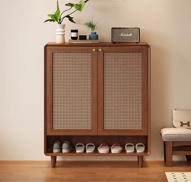 Alt view image 3 of 5 - Mid-Century Rattan Shoe Cabinet with 2 Doors Entryway Storage Organizer with Open Shelf, Walnut Brown, Wood