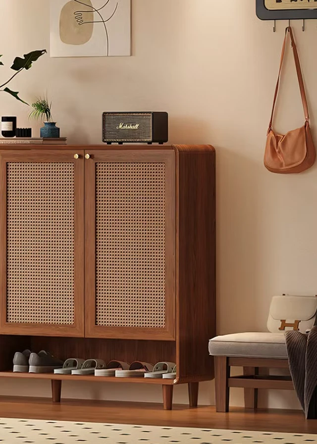 Alt view image 4 of 5 - Mid-Century Rattan Shoe Cabinet with 2 Doors Entryway Storage Organizer with Open Shelf, Walnut Brown, Wood