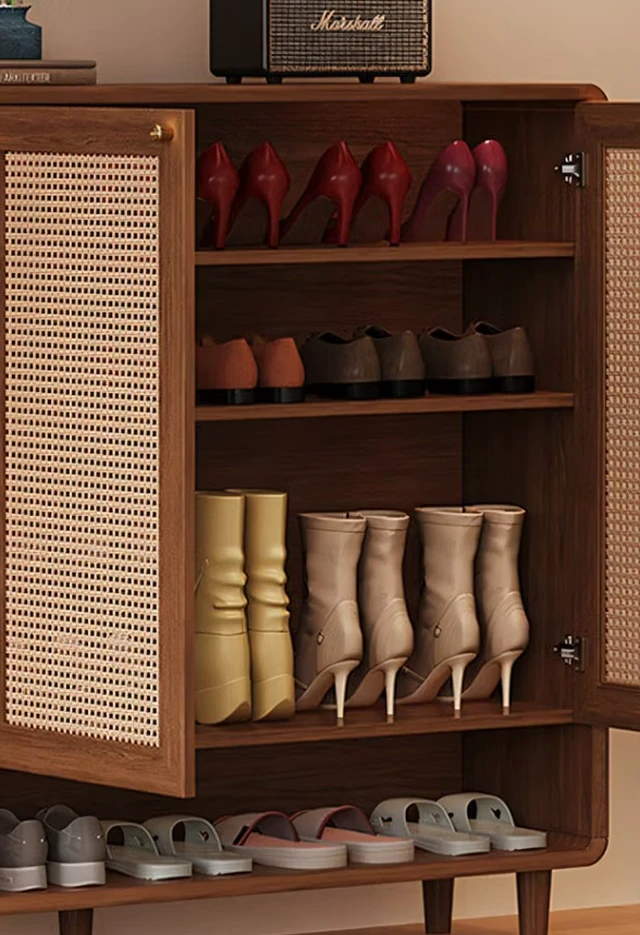 Alt view image 5 of 5 - Mid-Century Rattan Shoe Cabinet with 2 Doors Entryway Storage Organizer with Open Shelf, Walnut Brown, Wood