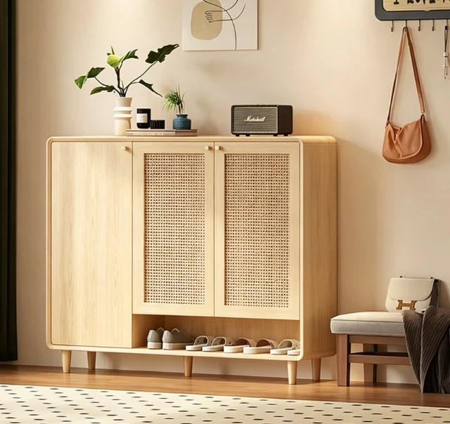 Alt view image 2 of 5 - Mid-Century Rattan Shoe Cabinet with 2 Doors Entryway Storage Organizer with Open Shelf, Natural, Plywood